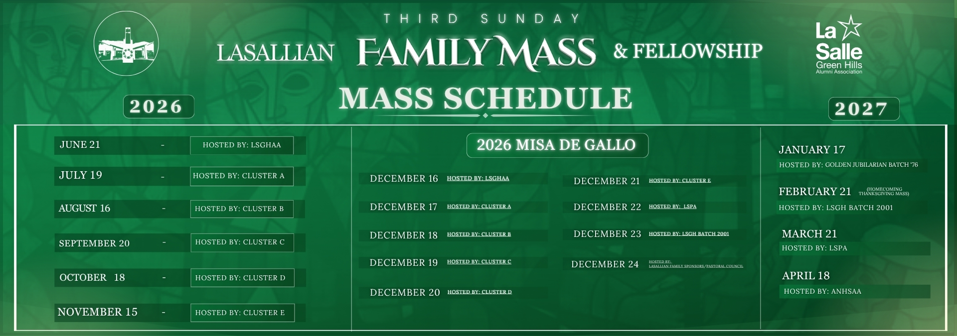 3RD SUNDAY LASALLIAN FAMILY MASS SCHEDULE